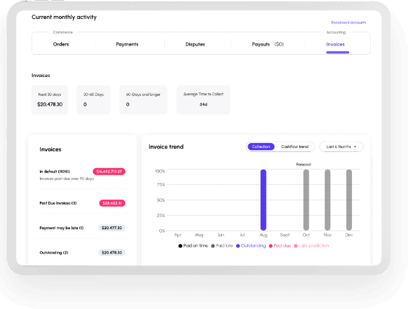 Viably cash flow page and inventory page on tablet