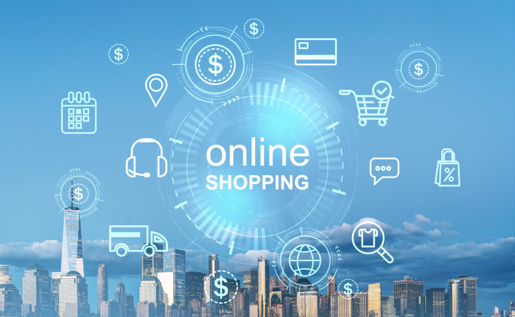 Online shopping hologram with different glowing icons and circuit, panoramic view on New York skyscrapers. Concept of digital payment and purchase of goods