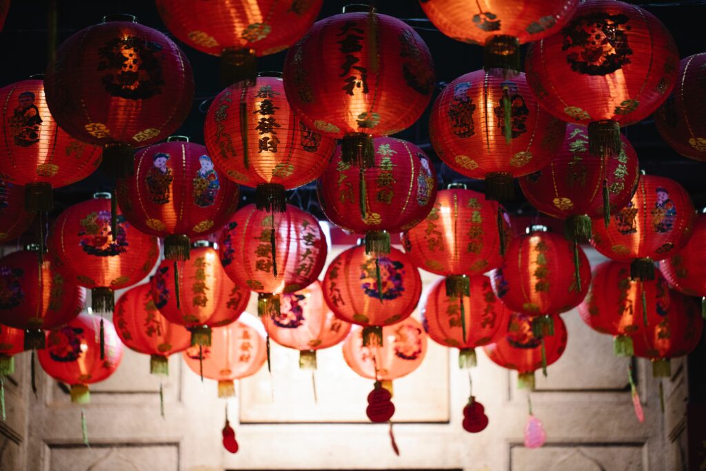 red Chinese lanterns floating in the air for the Chinese New Year