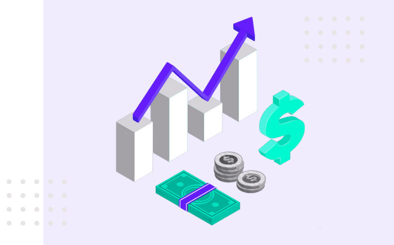 3D cash flow graph going up with teal money in front