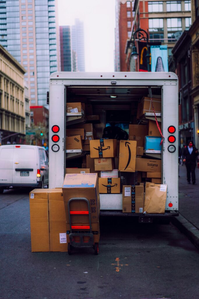 truck filled with Amazon packages out for delivery after Amazon Prime Day