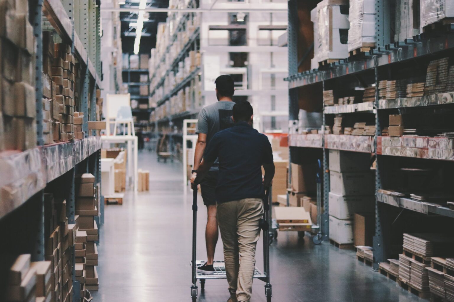 The backs of two men pushing carts through a warehouse full of wholesale items.